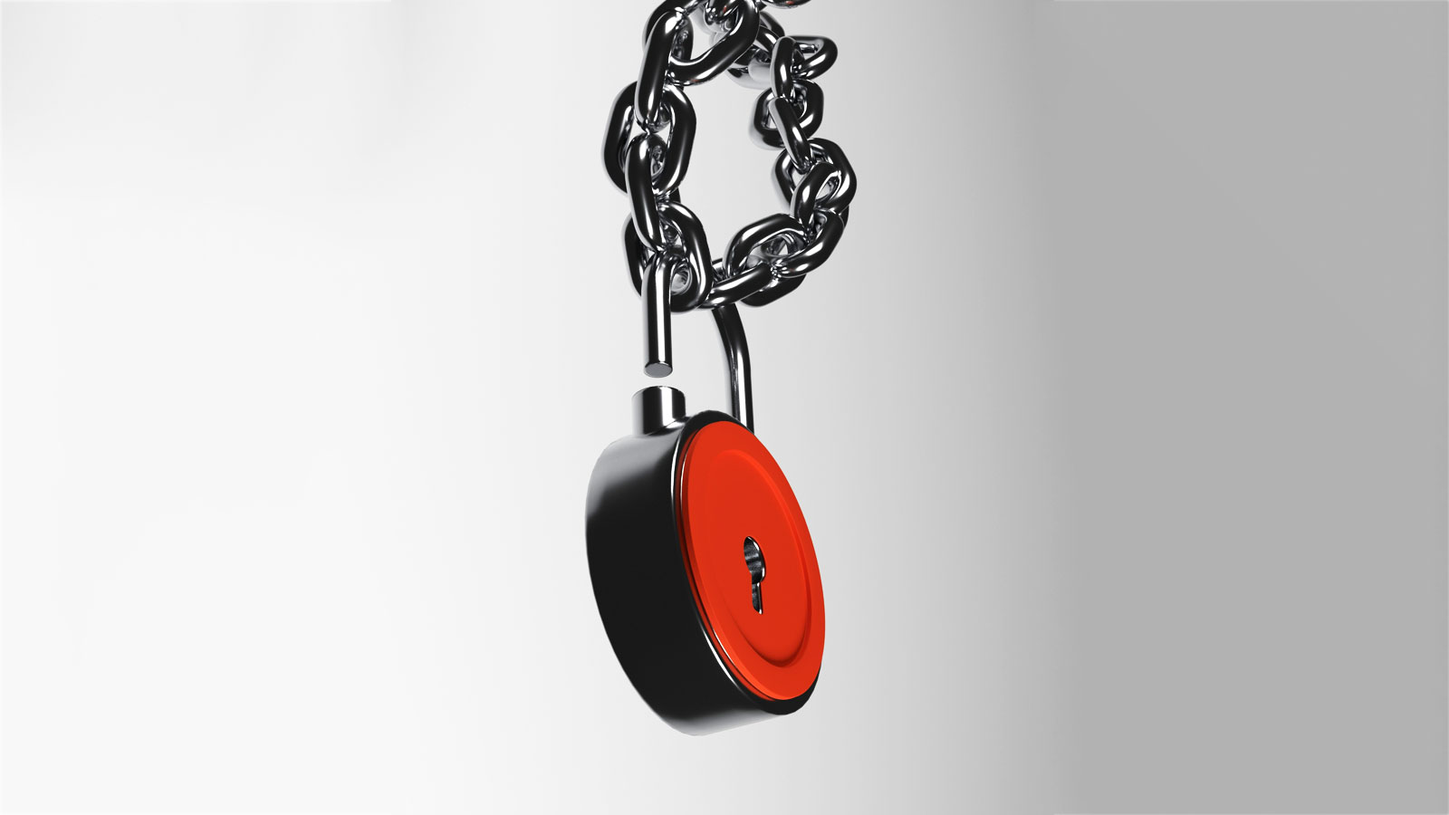 Metal padlock hanging from a heavy chrome chain with interlocking links against a pale grey background