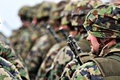 Side view of Swiss soldiers standing in formation with a foreground soldier wearing a camouflage helmet and tactical vest while holding a rifle pointed upward